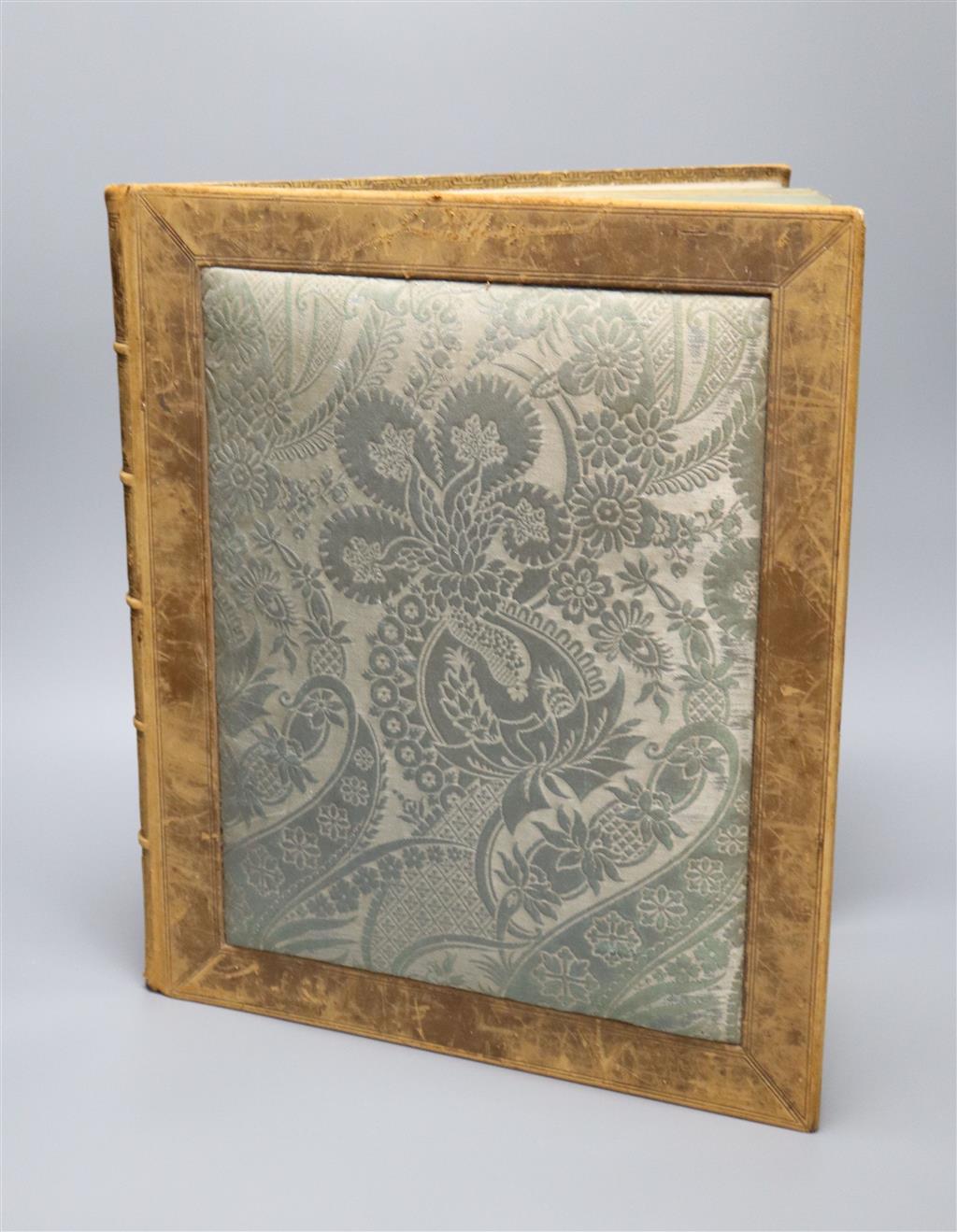 A Victorian leather bound album of mezzotint portraits with fine watercolour embellishments, 44 x 38cm